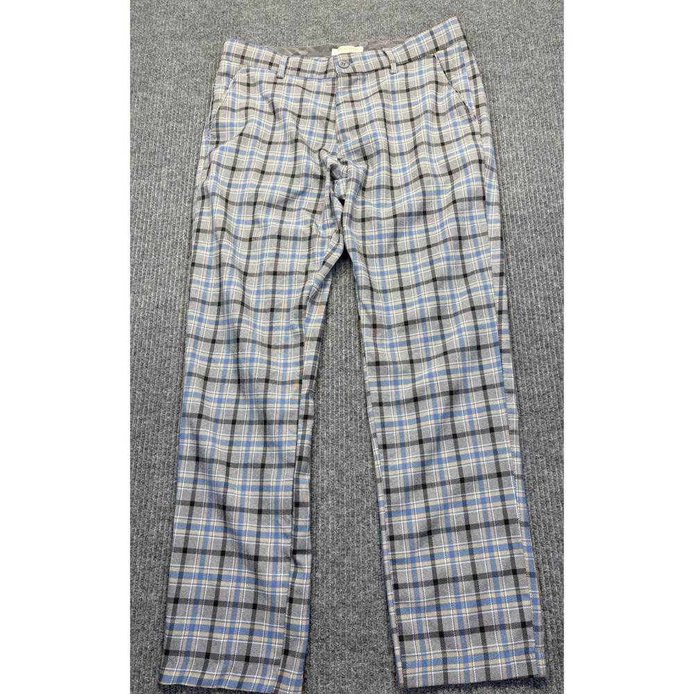 Aron Imani Mens Plaid Trousers Grey Blue Tan Check Pants Size 38 Made in Turkey
